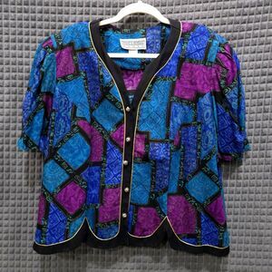 VTG 80s Colorful Blue Blouse Sz22 Glam Gold Buttons Statement Shoulder Pads 90s